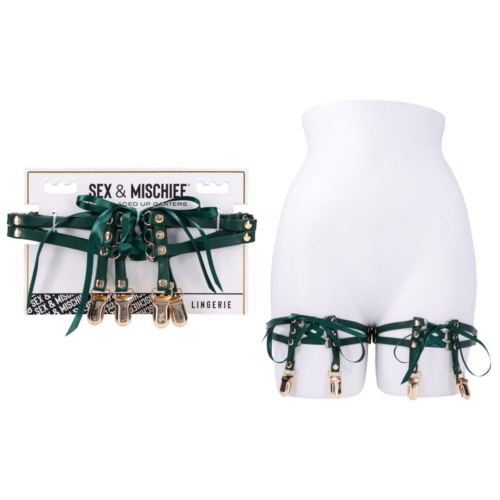 Sex & Mischief Indica Laced Up Garters - Green/Gold Garters - Set of 2